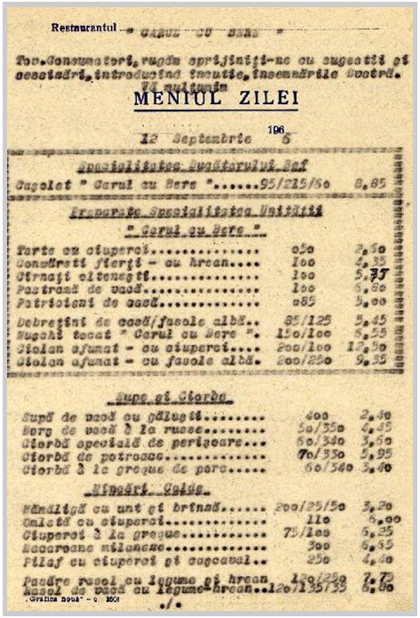 Carte du restaurant "Carul cu bere" à Bucarest (Roumanie) du 12 septembre 1966