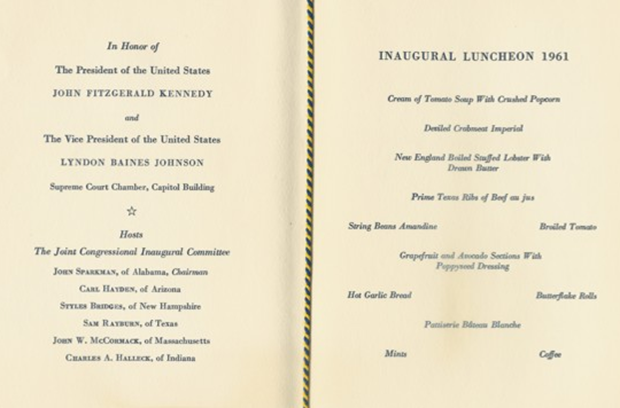 Menu du 20 janvier 1961 Inaugural Dinner President John Fitzgerald Kennedy