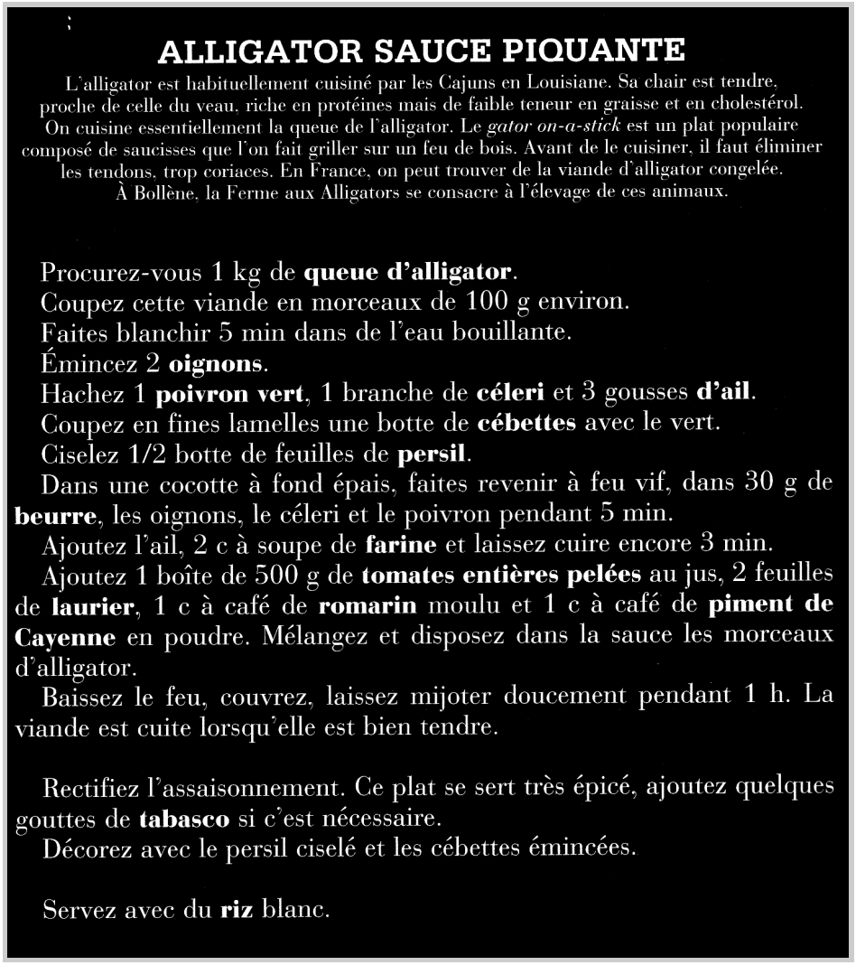 Recette alligator sauce piquante