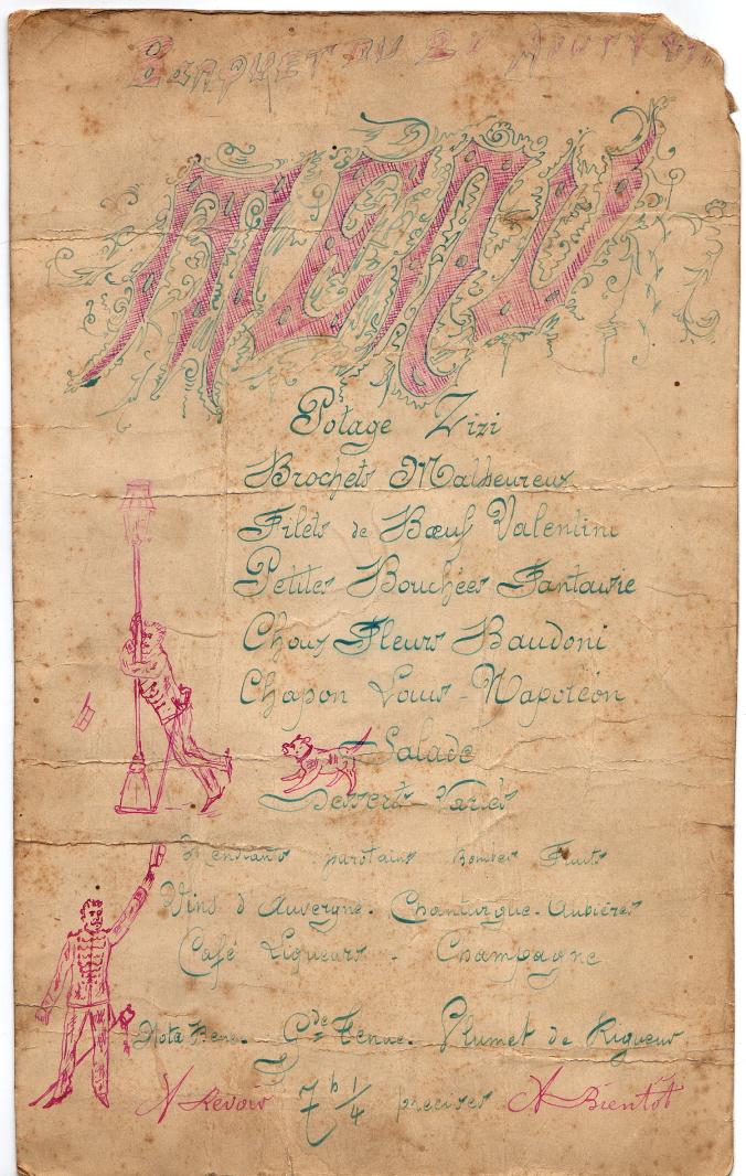 Menu du banquet du 16e Rgiment d'Artillerie de Clermont-Ferrand